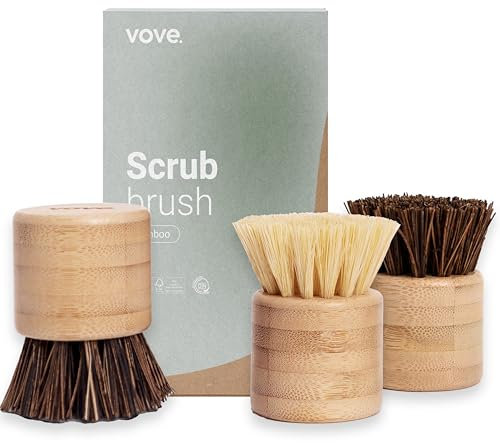 Vove | Cepillo de bambú premium | Paquete de 3 | Resistente a la suciedad, suave en la tierra | Limpieza de cocina y multiusos | Fibra natural | Cepillo de madera para platos | Larga duración | para
