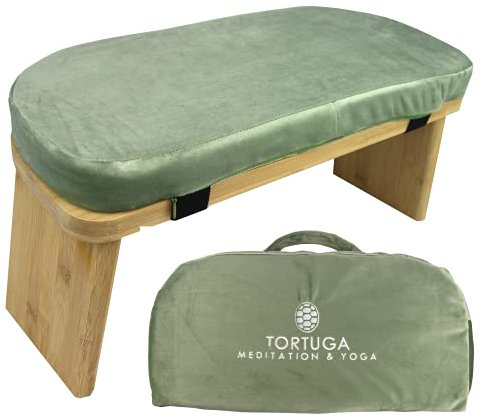TORTUGA - Panca da meditazione in bambù biologico - Pieghevole ed ergonomico - Verde - 46x18x15cm - Pacchetto completo: borsa da trasportare, comodo cuscino - Migliora la postura e la consapevolezza