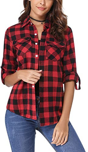 Irevial Damen Kariertes Bluse Casual Karohemd Button-down Langarmshirt Boyfriend-Stil Baumwolle Hemdbluse Plaid Shirt für Frühling und Herbst Rot L