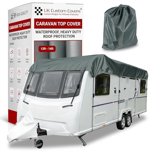Caravan Roof Cover - Roof Protector With Adjustable Straps, Hooks & Storage Bag, Heavy-Duty, Waterproof, UV-Resistant Breathable 150D for All-Weather Use by UK Custom Covers (12–14ft, Grey)