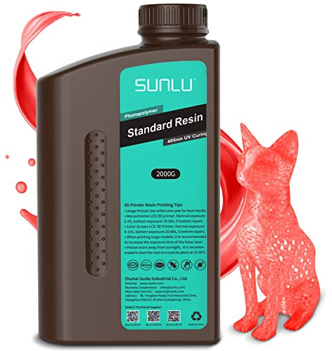 SUNLU 3D Drucker Resin 2KG, 405nm UV Härtendes Harz, Standard Photopolymer 3D Druck Resin für 4K/8K LCD/DLP/SLA Resin Drucker, Hohe Präzision, Niedrige Schrumpfung, Transparent rot 2000g