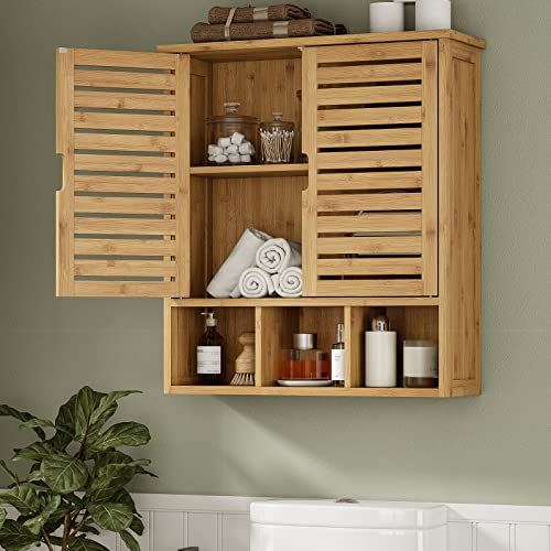 FORABAMB Armoire de rangement murale de salle de bain, armoire à pharmacie en bambou avec portes et étagères réglables, accessoire de salle de bain, armoire à pharmacie murale, armoire de rangement