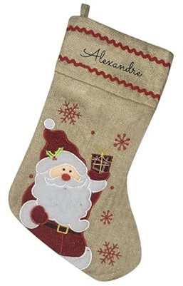 DECOHO Weihnachtsstrumpf, personalisierbar, aus Sackleinen, Weihnachtsmann, 40 x 26 cm
