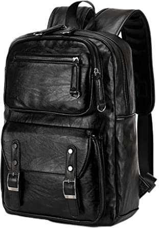 NIDONE Herren PU Leder Rucksack große Kapazität Casual Daypack Schwarz Computer Rucksack für Business Schule Büro Freizeit Reisen