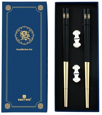 AMOTANG 2 Paar Edelstahl Essstäbchen mit chinesischer Verbotene -Stadt Design, inkl. 2 Keramik Chopstick-Halter. Spülmaschinenfest, rutschfest und wiederverwendbar Stäbchen in Schwarz