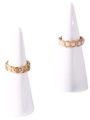 oskas Weißer moderner Ringhalter – Keramik-Kegelturm-Form, dekorativer Präsentationsständer für Schmuck und Männer – 2-teiliges Set