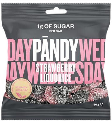 PANDY –Zuckerfreie Fruchtgummis – Erdbeere und Lakritz,– köstliche Kombination aus Erdbeere und Lakritze, nur 1 g Zucker und 75 Kalorien, 14 × 50 g