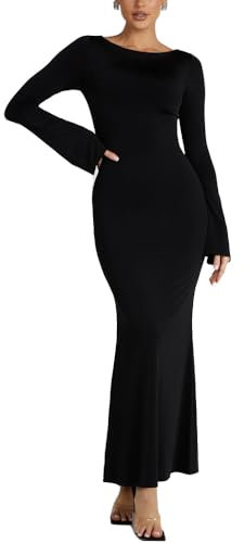 BKEPDY Women's Long Sleeve Maxi Dress Sexy Bodycon Slim Cocktail Dresses Solid Color Fish Tail Pencil Long Dress Stretchy Club Dress for Cocktails Clubwear Party Black