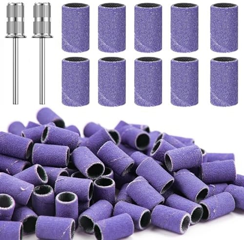 100Pcs Nail Sanding Bands for Nail Drill 150 Fine Grit Sanding Bands Nail Drill with 2Pcs 3/32” Mandrel Bits and Boxed for Nails Polishing Gel Manicures and Pedicure,Purple