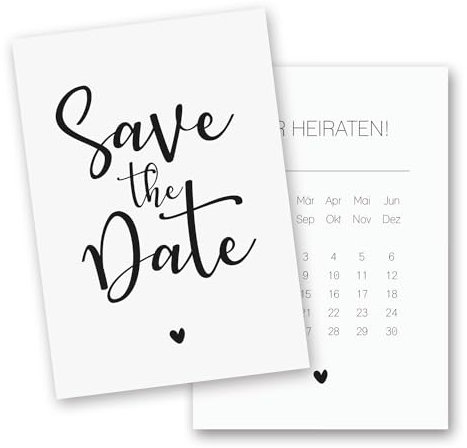 younikat 15 Postkarten Save the Date I DIN A6 I Herz I Set Hochzeit Wedding Einladungs-Karten I schwarz-weiß elegant Kalendarium I dv1281