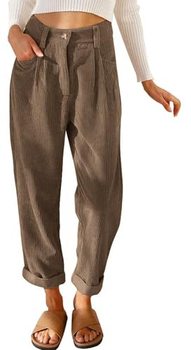 Cordhose Damen Casual High Waist Tapered Hose Baumwoll Gerades Bein Hosen Einfarbig Freizeithosen mit Taschen (Braun, M)