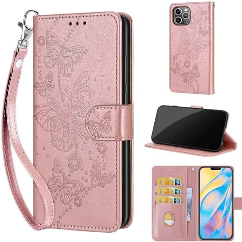 KENHONER Phone Case for iPhone 12 Pro Max, Butterfly - Rose Gold | Shockproof Flip Wallet, Card Slots, Kickstand, PU Leather, Wrist Strap Lanyard