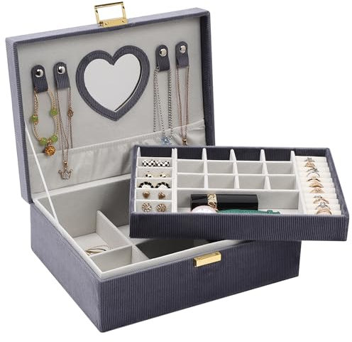 Dajasan Schmuckaufbewahrung, Schmuckkästchen, Schmuckkasten Damen, 2 Etagen Große Samt Schmuckschatulle für Ringe, Halsketten, Armbänder, Uhren, Ohrringe (Grau)