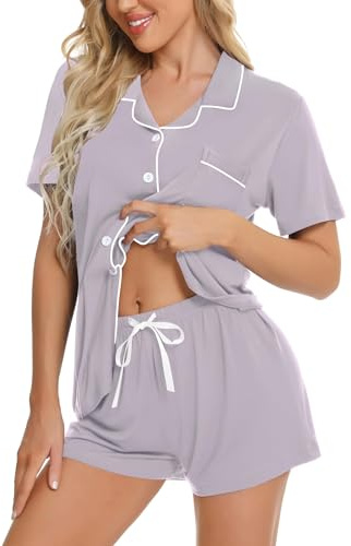 SWOMOG Women Pyjamas Set Short Sleeve Sleepwear Womens Button Down Nightwear PJ Set with Pockets