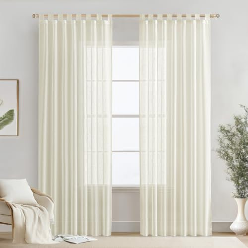 MIULEE Voile Gardinen Vorhänge mit Schlaufen Leineneffekt Halbtransparent Vorhange Elegant Einfach Leinenoptik für Wohnzimmer Schlafzimmer 2er Set, 140×245(H×B), Elfenbeinweiß