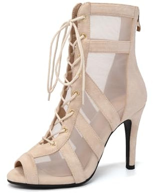 ZYXWVU Stivali da Ballo Latino Americano Donna Punta Aperta Allacciati Stivali da Ballo Salsa e Bachata con Tacco 9.5cm Beige, 44 EU