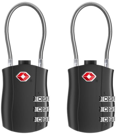 NAGE TSA Approved Luggage Locks 3-Digit | Secure Travel Padlocks for Suitcase, Backpack & Bags | Durable Small Wire Lock with Resettable Code (Black, 2-Pack)