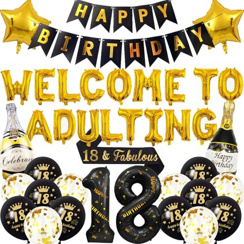 18th Birthday Decorations Boys Gold - 41 Pcs Happy 18th Birthday Decorations Including Letter Balloons Number 18 Balloon 18 & Fabulous Sash for Boys Party Supplies