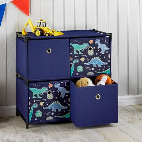 FAHAAM Dino 4 Cube Storage, Kids' Dinosaur Toy Storage Unit with 4 Fabric Drawers, Children's Storage Drawers, Kids Storage Unit, Chest Box Organizer with Handles, Storage Rack for Kids.