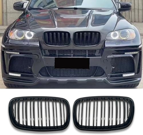 Hengjiayao E70 E71 Schwarze Nieren Kühlergrill für BMW X5 X6 E70 E71 Nieren Doppelsteg Sport Glanz Schwarz E71 Kühlergrill Vorne 2007-2013 (For E70 E71 2007-2013)