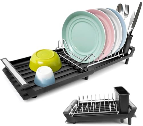 Escurreplatos sobre Fregadero Escurridor de Platos para Fregadero Escurre Platos Escurridor Platos Plegable Negro Soporte para Cubiertos con Sistema de Drenaje Escurre Platos con Acero Inoxidable