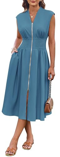 Women's Casual Midi Dress Cap Sleeve V Neck Beach Dress Zipper Front Gray Blue L