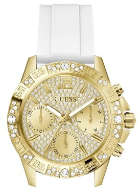 Guess Majesty Damen Uhr 40 mm Edelstahl – Quarz Analog Armbanduhr Silikonarmband Weiß, Fashion Uhr Damenuhr Gold mit Datum Leuchtzeiger, 1 bar GW0772L3