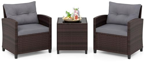 COSTWAY Salon de Jardin 3 Pièces en Rotin PE (Marron+Gris) | Ensemble de Meubles 2 Fauteuils Table Basse Plateau en Verre Trempé 4 Coussins Amovibles, pour Cour Piscine, Charge 180KG