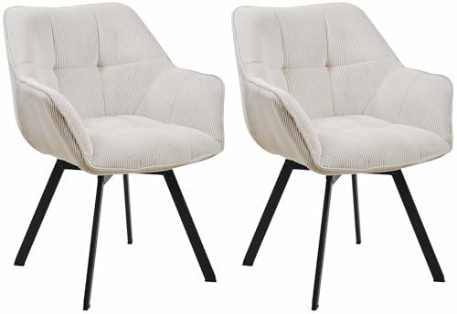 CLP Esszimmerstuhl 2er Set ergonomisch Jordi Cord, drehbar mit Armlehnen, Polstersessel, 4-Fuß-Metallgestell, bis 150 kg, mit Bodenschonern, Farbe:Creme