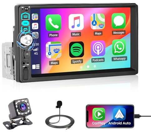 Roinvou Radio Coche 1 DIN con CarPlay y Android Auto, Pantalla Táctil de 7 Pulgadas, Autoradio con Bluetooth y Soporte Mirror Link con FM EQ TF/USB/AUX Mic SWC Cámara de Trasera