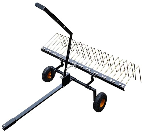 Vertikutierer 120 cm für Aufsitzmäher, Vertikutierrechen mit 24 Federstahlzinken, Rasenrechen für ATV & Aufsitzmäher, Anhänger-Vertikutierer mit Hebegriff für Garten, Hof & Wiese