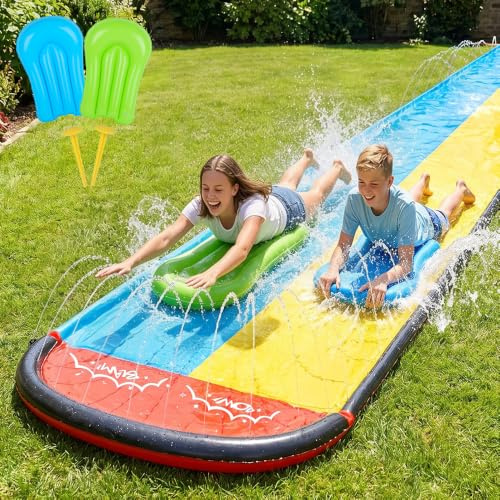 XEERUN Double Wasserrutsches mit 2 Bodyboards, 19.6ft/600cm Wasserrutsche Garten für Kinder, Wasserrutsche mit Sprinkler Sommer & Splash-Pool, Wasserspielzeug Kinder Outdoor, Gartenspielzeug