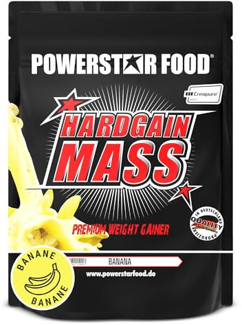 Powerstar HARDGAIN MASS 1600g | WEIGHT GAINER mit Kreatin & ohne Zucker-Zusatz | Masse, Kraft & schneller Muskelaufbau | Deutsche Herstellung | Mass Gainer Shake zum Zunehmen | Banana