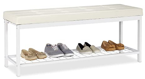 Relaxdays Schuhbank XXL, bequemes Sitzpolster, offen, große Gitterablage für Schuhe, Metall, HxBxT: 49x115x40cm, weiß