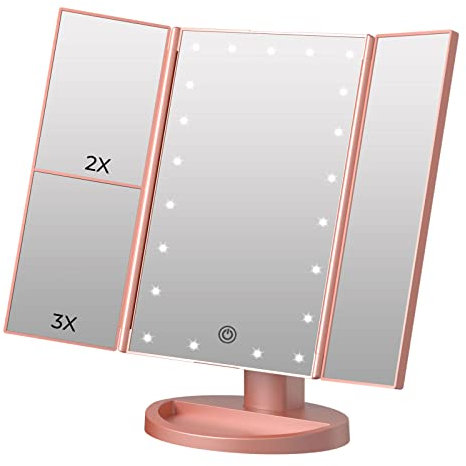 FUNTOUCH Kosmetikspiegel mit 21 LED Leuchten, 3 Seiten Schminkspiegel mit Beleuchtung 3X 2X 1X Vergrößerung, Touch Dimmbar, 180° drehbar Standspiegel, Doppelte Stromversorgung Tischspiegel (Roségold)