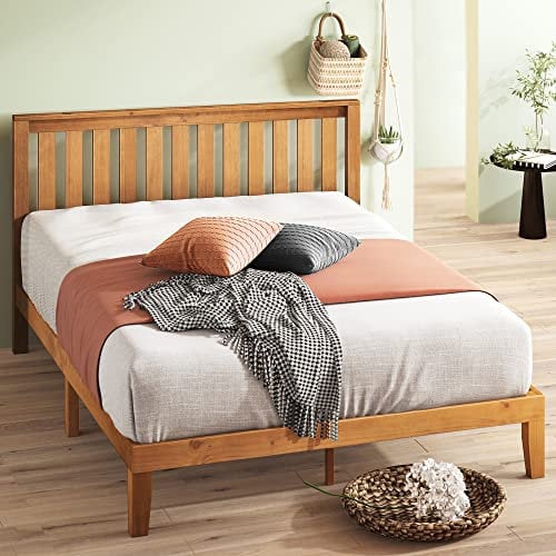 Zinus Alexia Bett 80 x 190 cm – Bettgestell 30 cm hoch – Plattformbett aus Holz mit Kopfteil – rustikale Kiefer, Braun
