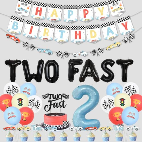 Vintage Zwei Schnelle Geburtstag Dekorationen - Retro-Rennwagen für Jungen, Pastellfarben Alles Gute Zum Geburtstag Banner, Let's Go Racing 2nd Birthday Party Supplies