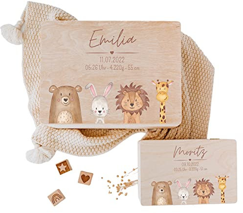 wunderwunsch - Personalisierte Erinnerungsbox Baby mit Hochwertigem Farbdruck - Individuelle Baby Erinnerungsbox - Niedliche Erinnerungskiste aus Holz - Tolles Geschenk zur Geburt