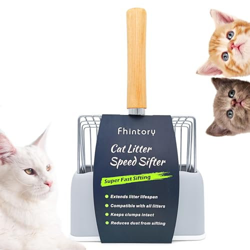 Fhintory Katzenstreuschaufel mit Behälter, Katzenklo Schaufel Metall mit Halterung, Katzenstreu Schaufel mit Holzgriff, Lochabstand 7mm, Länge 28cm, Litter Box Scoop, Cat Litter Scoop