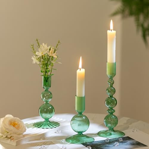 Kerzenständer Glas Bunt Stabkerzen Kerzenhalter: Hewory Kerzenständer Stabkerzen Grün Gläser Deko Tischdeko Esstisch, Stabkerzenhalter Glas für Wohnzimmer Hochzeit Party - 3er Set
