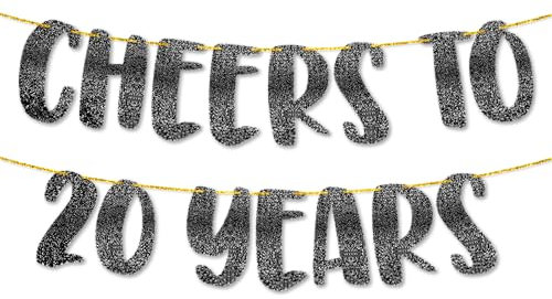 TOYVENTURES Glitzer-Girlande „Cheers to 20 Years“ in Schwarz, 2,4 m, Dekoration zum 20. Geburtstag oder Hochzeitstag, Meilenstein-Feier, vorbespannt, kein Basteln erforderlich