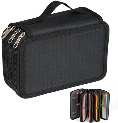 Federmäppchen Groß, 72 Slots Mäppchen Groß, Portable Wasserdicht Federmappe Groß, Federtasche Groß mit Reißverschluss Tragegriff, für Buntstifte, Marker, Kugelschreiber (Schwarz)