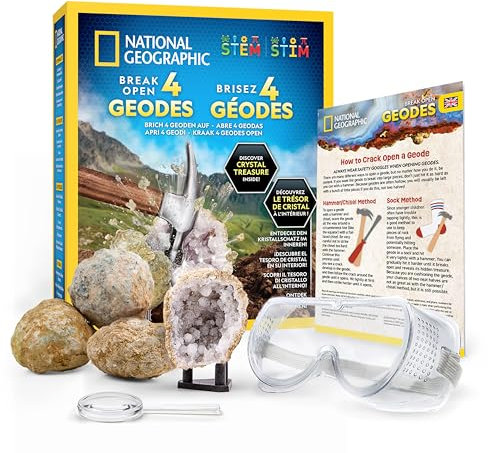 Blue Marble NATIONAL GEOGRAPHIC Break Open 4 Geodes Science Kit – Includes Goggles & Display Stand - STEM Science Gift for Boys & Girls, Break Your Own Geodes