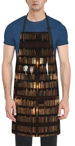 VPPUR Arbeitsschürze, Bücherregal, Bücherdruck, 71 x 83 cm, wasserdicht, für Erwachsene, stilvoll, funktional, Malschürze, Schwarz, Einheitsgröße