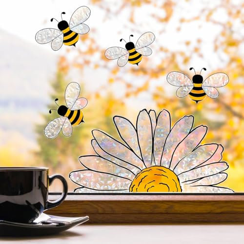 Fensteraufkleber Sonnenblumen und Bienen, 30x40 cm Fensterbilder Frühling Sommer, Suncatcher Sticker, Fenstersticker Blumen Wiederverwendbar, Fenster Deko Sticker für Kinderzimmer, Fensterdekoration