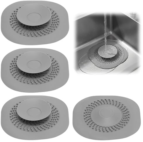 4 Stück Universal Abflussstopfen Silikon - Stöpsel für Spülbecken, Waschbecken & Badewanne - Mit Siebfunktion & Hoher Dichtheit - Flexibler Abflusssieb Stöpsel - Grau