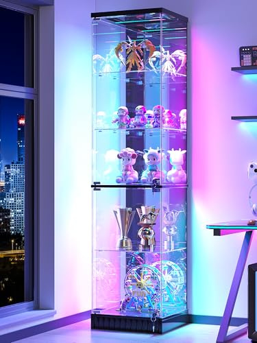 Lvifur Glasvitrine mit LED Beleuchtung und Schubladen,Vertikale Vitrine mit Intelligente Sensorik,Glas Holz Vitrinenschrank 5-Lagen Sammlervitrine für Sammlerstücke,Wein,Wohnzimmer,Schlafzimmer