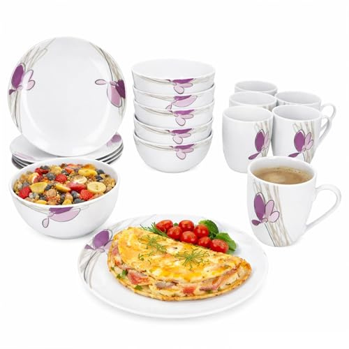 MamboCat Viola 18tlg Frühstücksset I 6x Kuchenteller, 6x Kaffeebecher 350 ml & 6x Müslischale 480 ml aus Porzellan I Weiß mit Blumen-Dekor in Violett I für 6 Personen