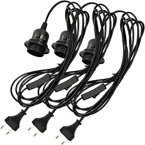 kwmobile 3x E27 Lampenfassung mit Schalter - E27 Fassung Schwarz mit 3,5m Netzkabel Schraubring Schalter - Lampenaufhängung Pendelleuchte Hängelampe