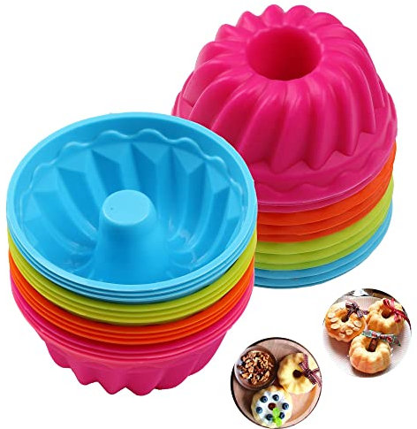 Mlying Mini Gugelhupfform Silikon 24 Stück Gugelhupf Backform Wiederverwendbare Muffinförmchen Cupcake Klein Kuchenform Mini Gugelhupf Ø 6,5cm, Höhe 3,5 cm (4 Farben)